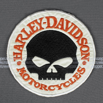 Нашивка "HARLEY-DAVIDSON" - череп D=160 мм. (белый, оранжевый, чёрный) Mazepper