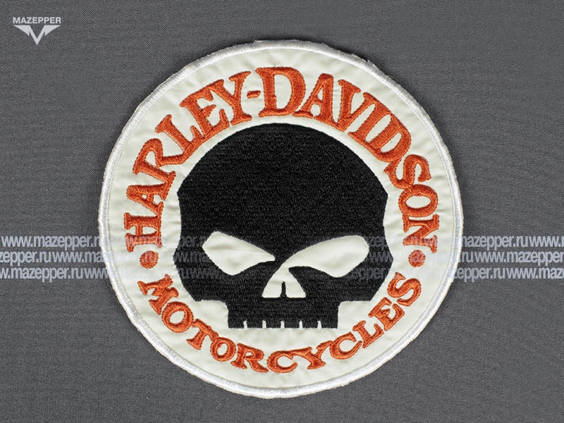 Нашивка "HARLEY-DAVIDSON" - череп D=160 мм. (белый, оранжевый, чёрный) Mazepper