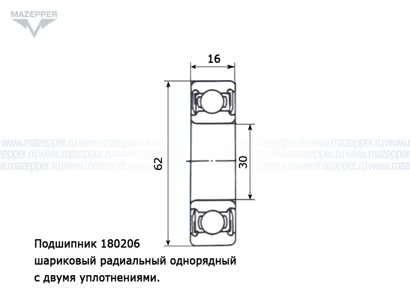 Подшипник 206 (30х62х16 мм.) закрытый, обрезиненный (АПП) Mazepper