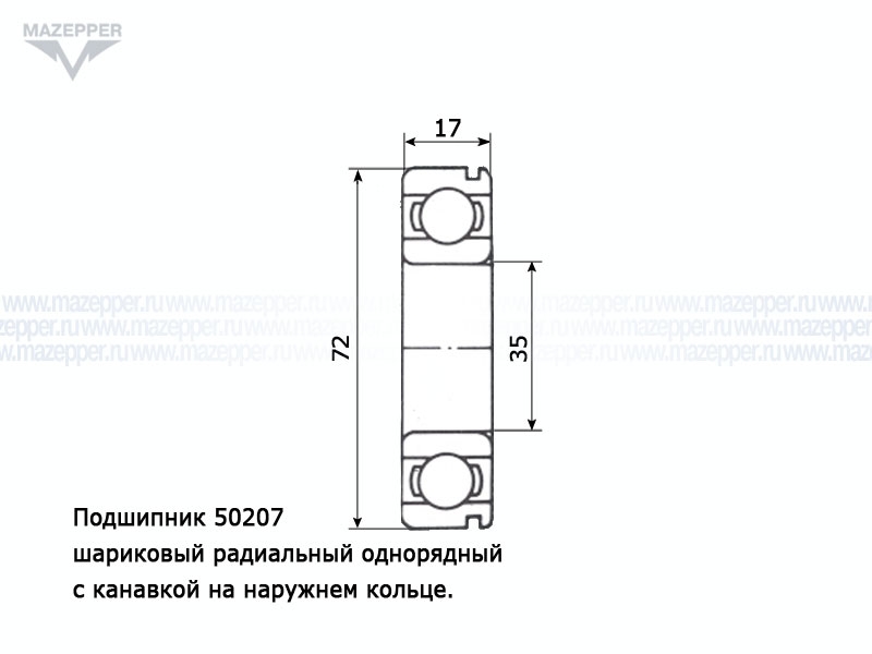 Подшипник 50207 (35х72х17 мм.) открытый, с канавкой на наружном кольце (NECTECH) Mazepper