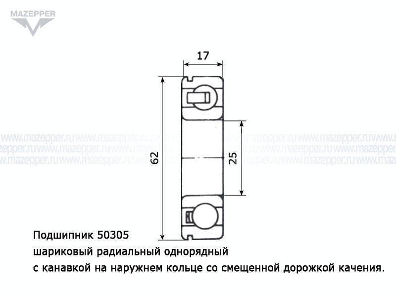 Подшипник 50305 (25х62х17 мм.) открытый, с канавкой на наружном кольце (АПП) Mazepper