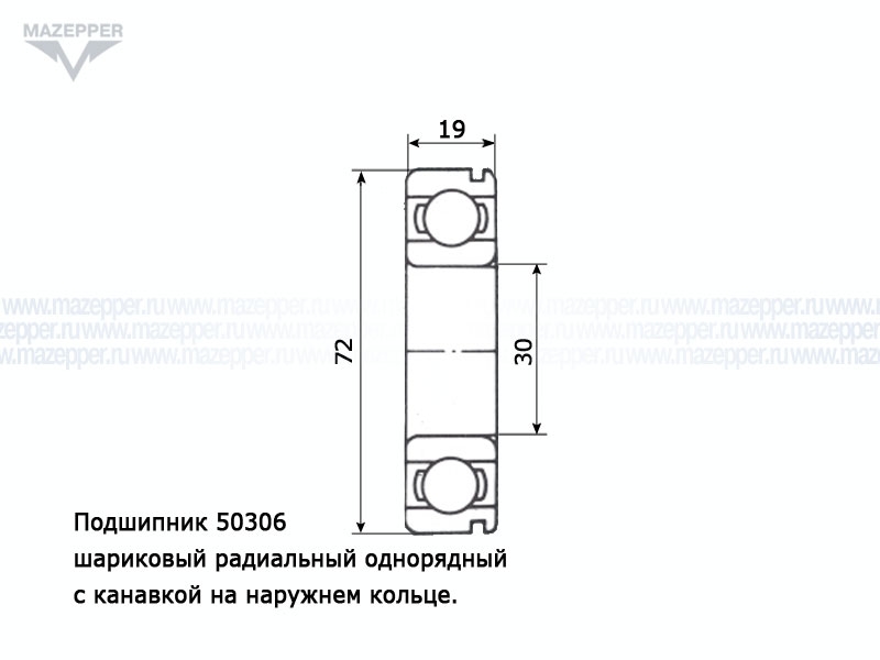 Подшипник 50306К (30х72х19 мм.) открытый, с канавкой на наружном кольце (CRAFT) Mazepper