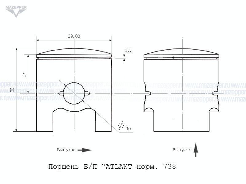 Поршень Б/П "ATLANT" 738 (D=39,00 мм.) Mazepper