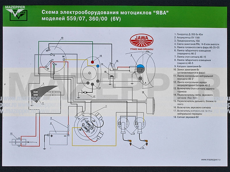 Схема электрооборудования мотоцикла "Ява" 559/07, 360/00" (6v) Mazepper