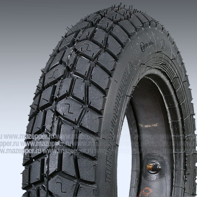 Шина скутер 10" 3,50-10 Л-370, 42J, 4PR (с камерой) "ПЕТРОШИНА" (вентиль JS87) мет. угловой (эндуро) Mazepper