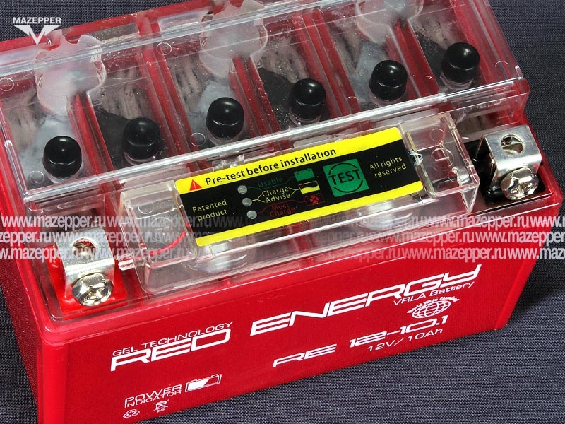 Аккумулятор 12V 10Ah (RE1210.1) "RED ENERGY" (GEL VRLA) 150х87х93 (+  --) с индикатором Mazepper