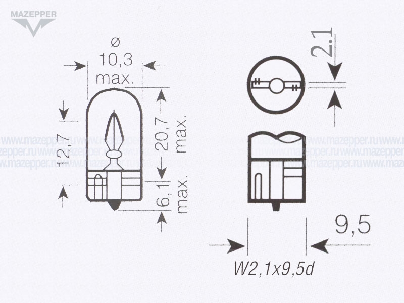 Лампа 12v,  3w (W3W, W2,1x9,5d) Китай Mazepper