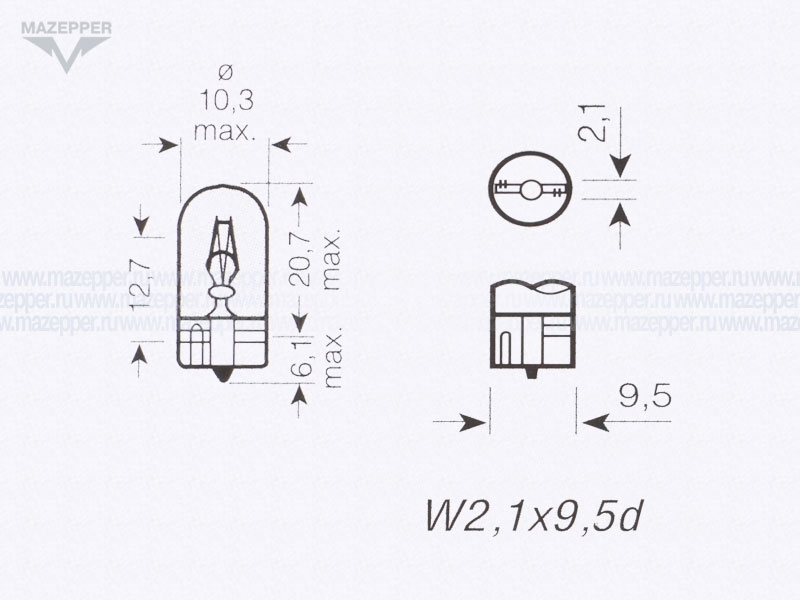 Лампа 12v, 10w (W10W, W2,1x9,5d) Китай (желтая) без цоколя Mazepper