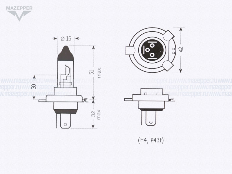 Лампа головного света 12v, 18/18w (H4, P43t) ТАТА Mazepper