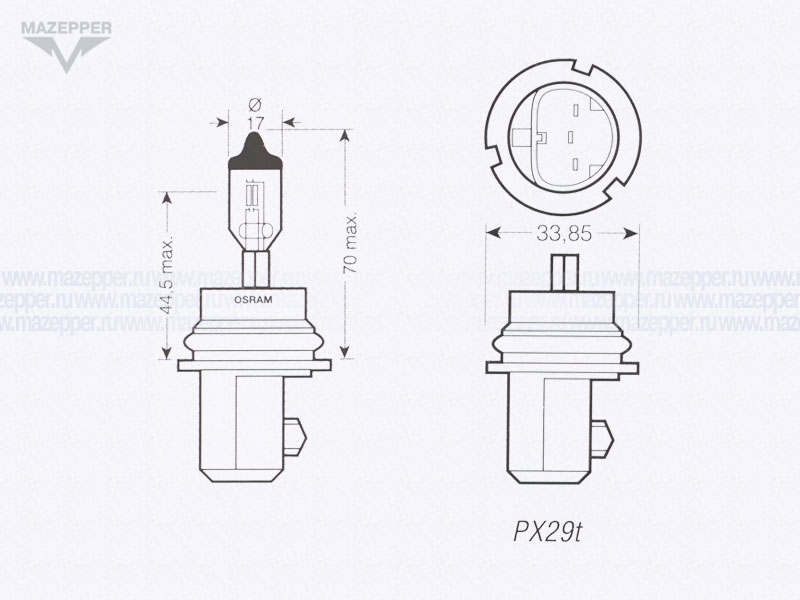 Лампа головного света 12v, 65/55w (HB5, PX29t) OSRAM Sylvania Halogen Mazepper