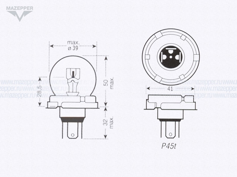 Лампа головного света 12v, 75/70w (R2, P45t-41) СФЕРА Mazepper