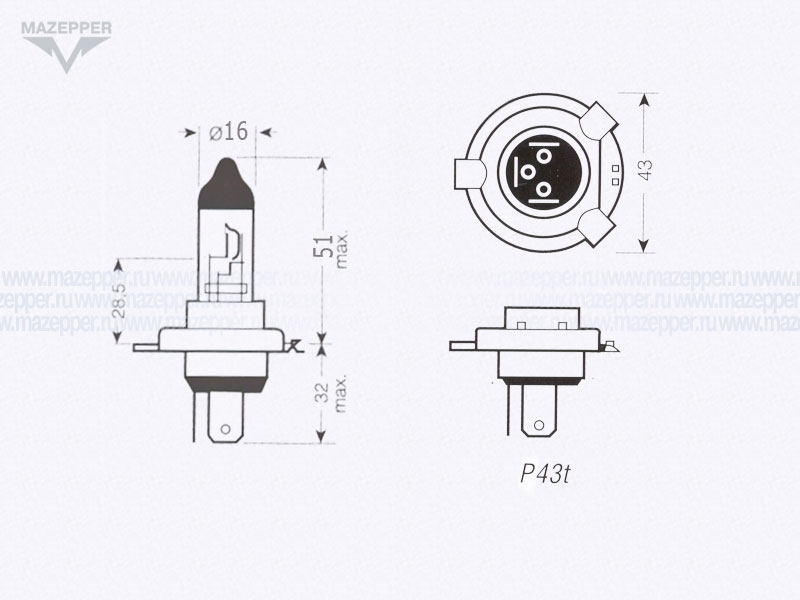 Лампа головного света 12v,100/90w (H4, P43t) HENKEL Mazepper