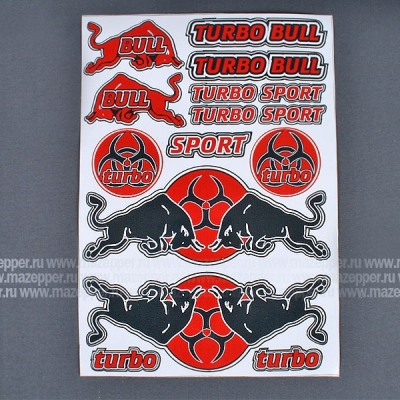 Набор наклеек "Bull Turbo Sport " 295х215 мм. (красно-черный) 15 шт. Mazepper