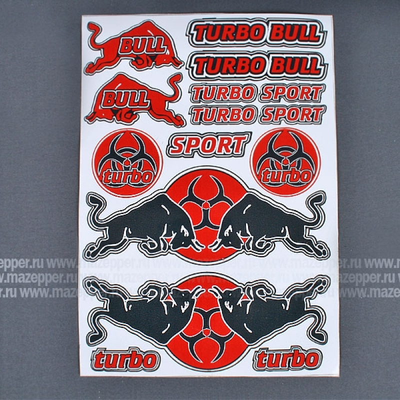 Набор наклеек "Bull Turbo Sport " 295х215 мм. (красно-черный) 15 шт. Mazepper