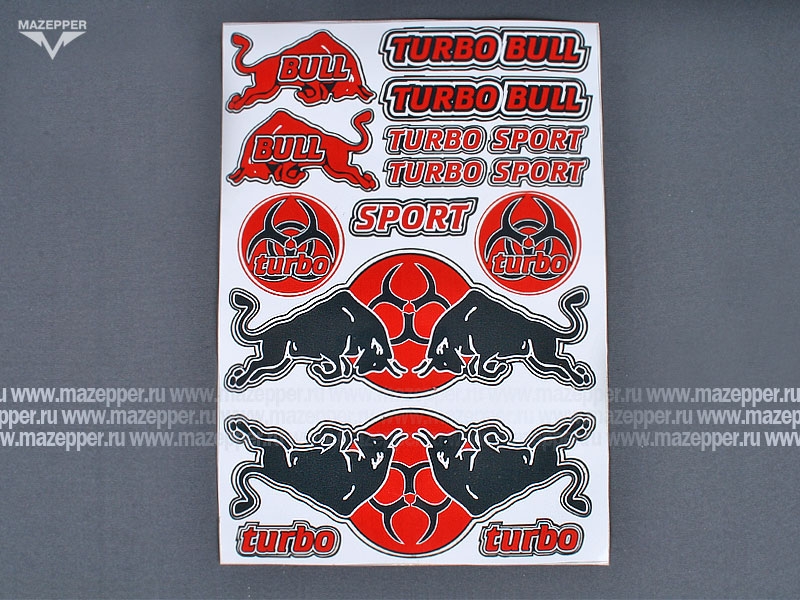 Набор наклеек "Bull Turbo Sport " 295х215 мм. (красно-черный) 15 шт. Mazepper