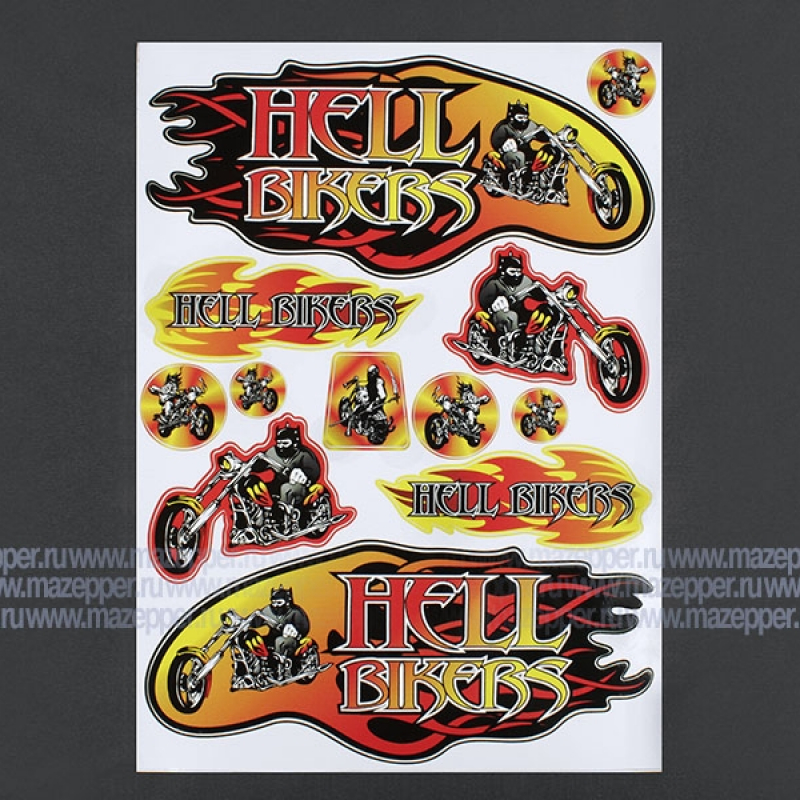 Набор наклеек "Hell Bikers" 295х215 мм. (желто-красный) 12 шт. Mazepper