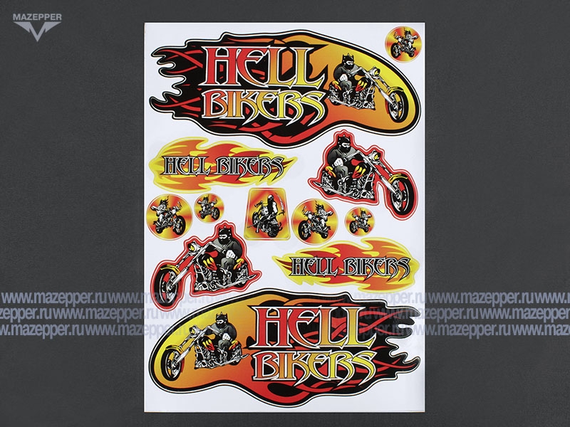 Набор наклеек "Hell Bikers" 295х215 мм. (желто-красный) 12 шт. Mazepper