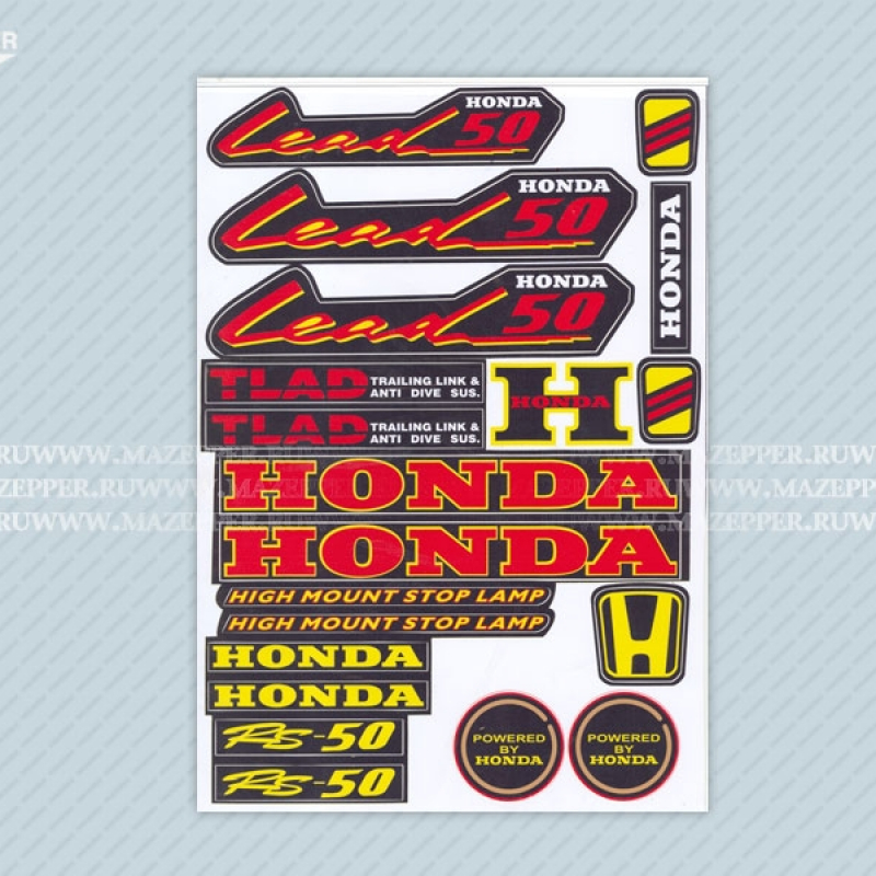 Набор наклеек "Honda Lead 50" 295х215 мм. (красно-жёлтый) (20 шт.) Mazepper