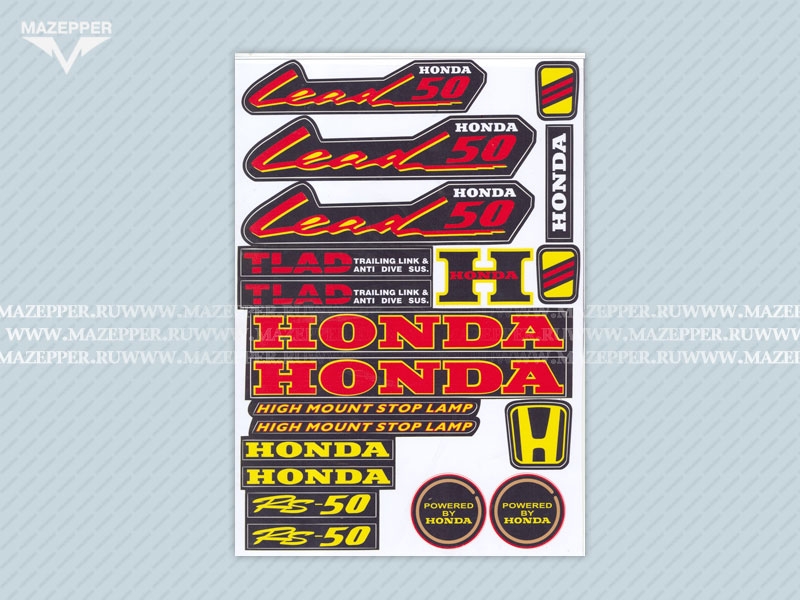 Набор наклеек "Honda Lead 50" 295х215 мм. (красно-жёлтый) (20 шт.) Mazepper