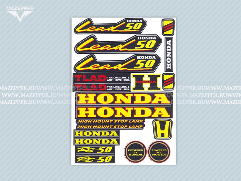 Набор наклеек "Honda Lead 50" 295х215 мм. (черно-жёлтый) (20 шт.) Mazepper