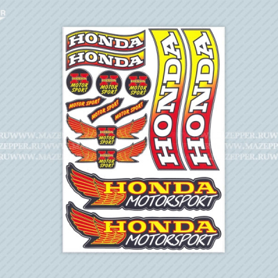 Набор наклеек "Honda Motorsport" 295х215 мм. (желто-красный) (14 шт.) Mazepper
