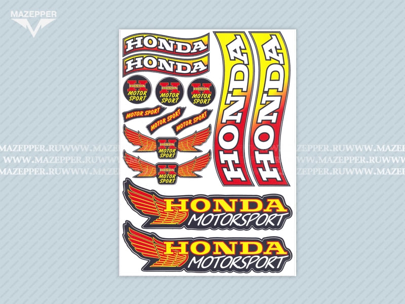 Набор наклеек "Honda Motorsport" 295х215 мм. (желто-красный) (14 шт.) Mazepper