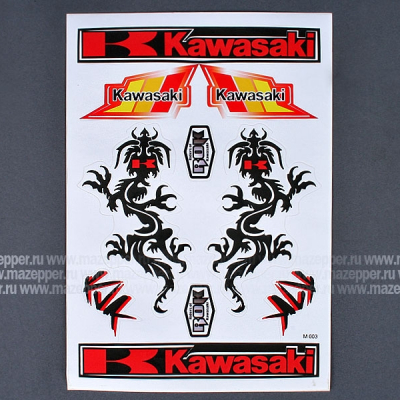 Набор наклеек "Kawasaki" 300х210 мм. (красно-чёрный) 10 шт. (M003) Mazepper