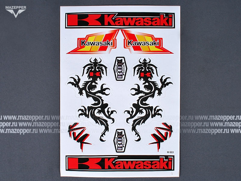Набор наклеек "Kawasaki" 300х210 мм. (красно-чёрный) 10 шт. (M003) Mazepper
