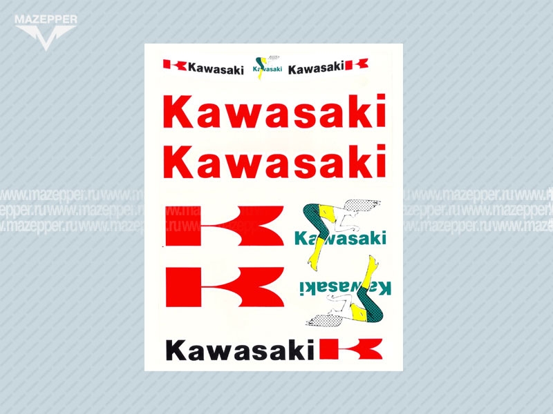Набор наклеек "Kawasaki" 335х225 мм. (красный) (11 шт.) Mazepper