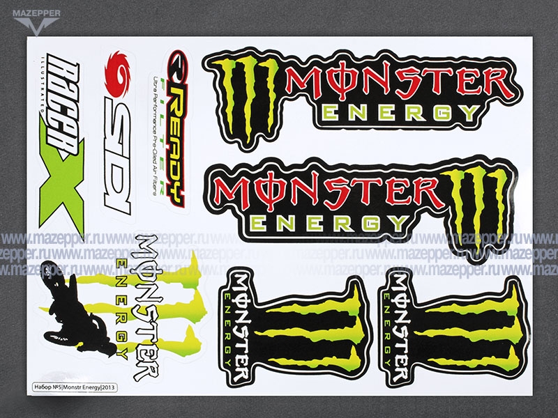 Набор наклеек "MONSTER Energy" 290х210 мм. (красно-зелёный) 8 шт. (5) Mazepper
