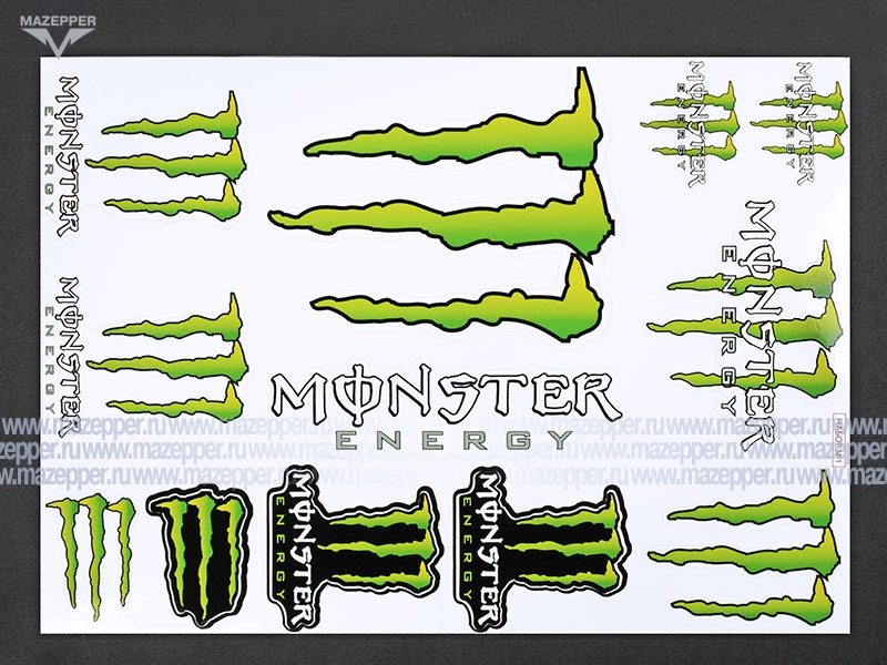 Набор наклеек "MONSTER Energy" 290х210 мм. (чёрно-зелёный) 12 шт. (1) Mazepper