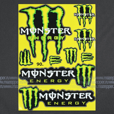 Набор наклеек "MONSTER Energy" 290х210 мм. (чёрно-зелёный) 9 шт. (90) Mazepper