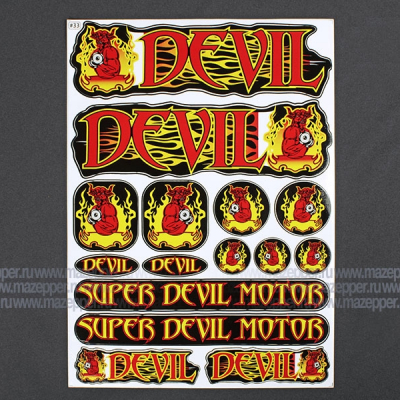 Набор наклеек "Super Devil Motor" 295х215 мм. (красно-желтый) 15 шт. Mazepper