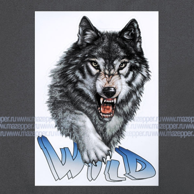 Наклейка "Волк Wild" 205х145 мм. (синяя) Mazepper