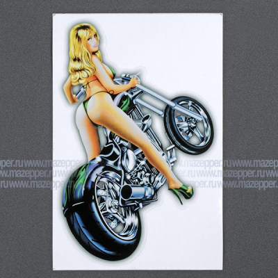 Наклейка "Девушка на зелёном мотоцикле" 180х120 мм. Mazepper