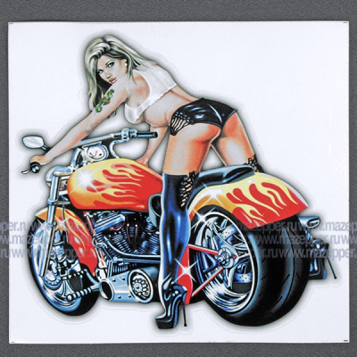 Наклейка "Девушка на красном мотоцикле" 145х135 мм. Mazepper